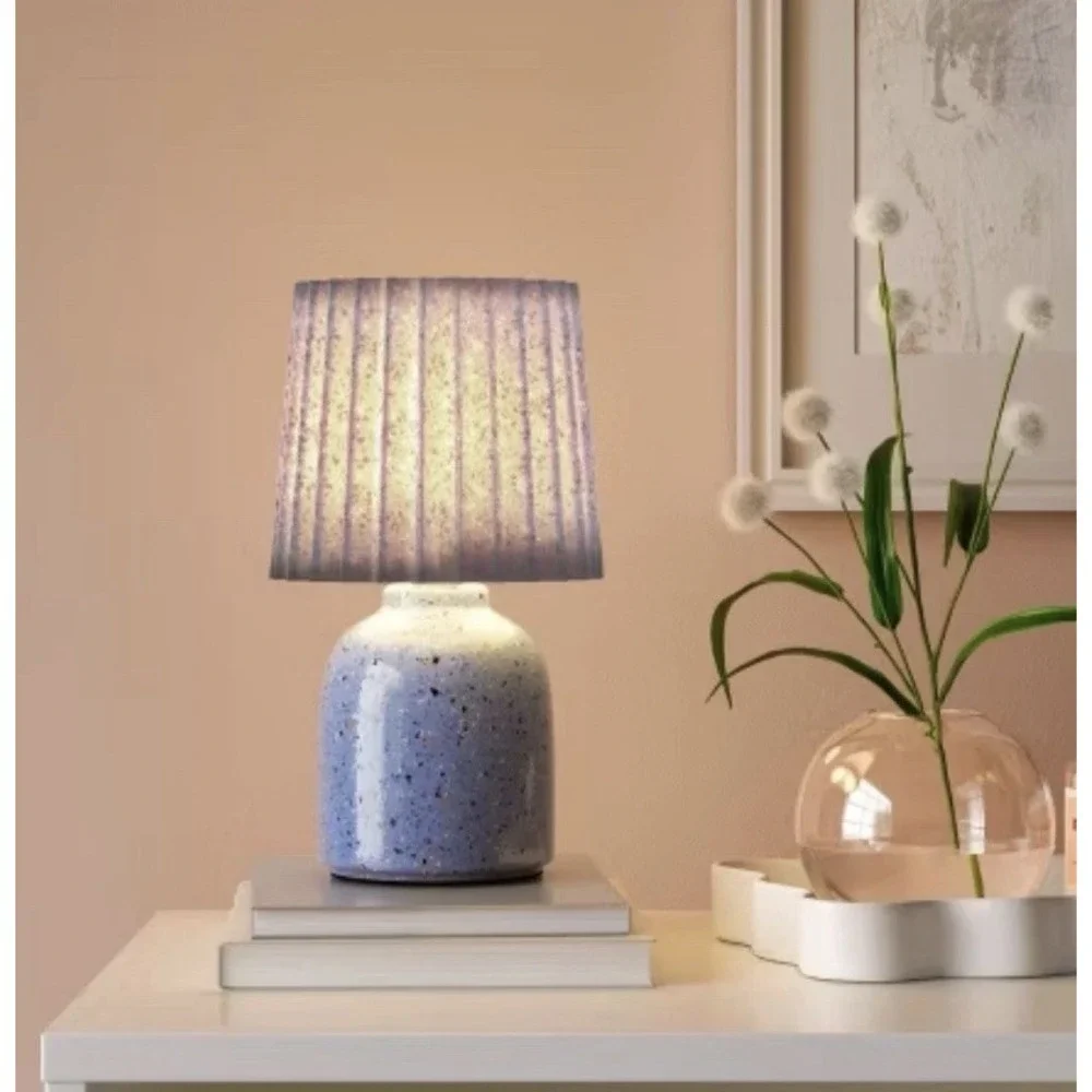 Set of 2 Mini Printed‎ Ceramic Base Table Lamps with Printed Pleated Shades NEW